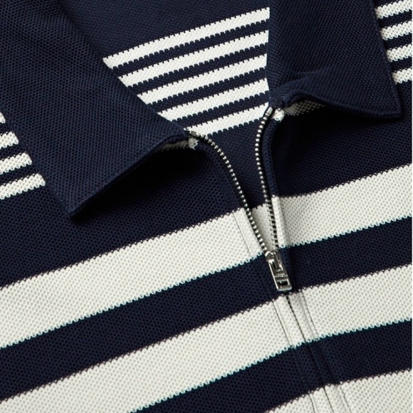 Club Monaco Block Stripe Zip Polo Short Sleeve Cotton Knit Shirt Navy Medium - Picture 4 of 14